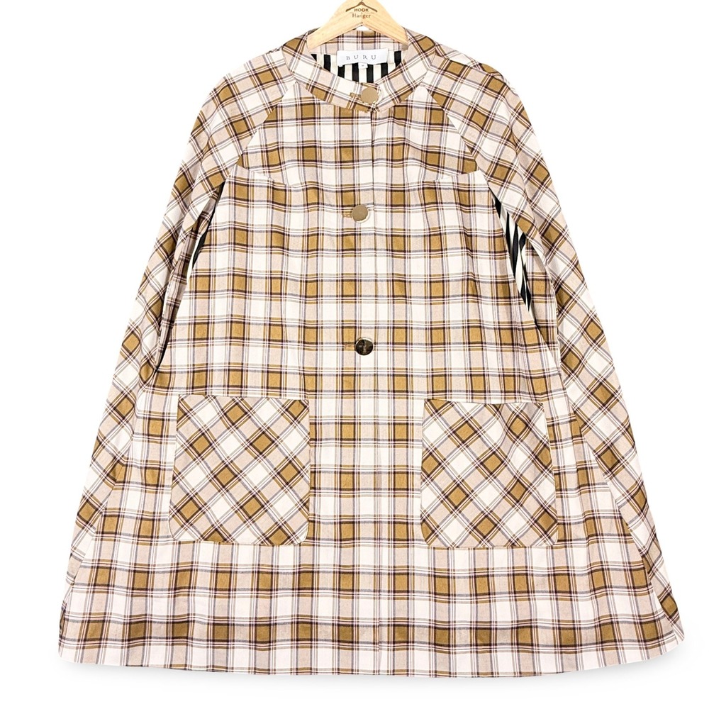 BURU Mama Cape Brown Plaid Womens M Fall Nursing Gold Button Preppy Quiet Luxury
